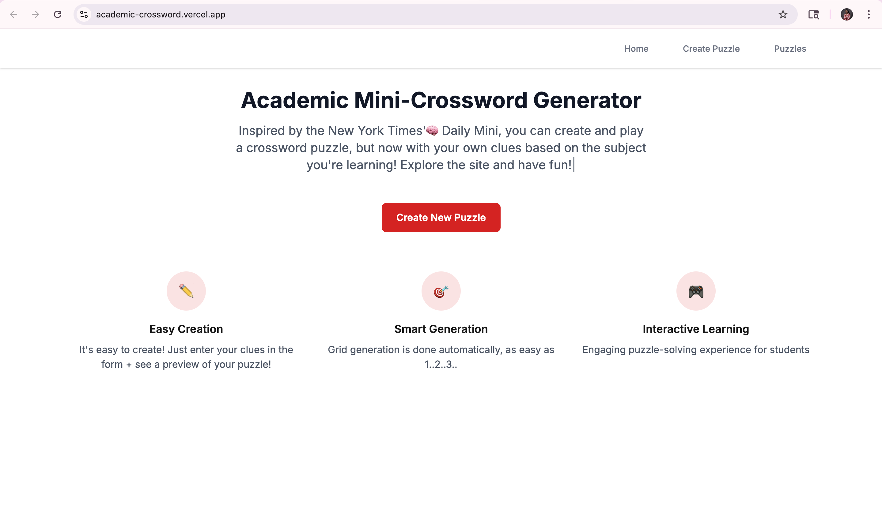 Academic Mini Crossword Project Screenshot
